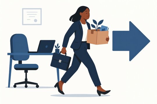 Confident businesswoman leaving her office carrying a box of personal belongings reflecting a positive career transition and embracing new opportunities ahead in a professional environment