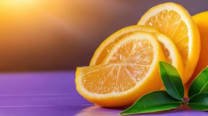 Fresh lemon slices with green leaves on a vibrant purple surface at sunset