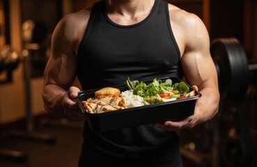 Fit man in black tank top holds black container with healthy meal grilled chicken, rice, salad. High protein lunch for muscle building, gym workout recovery. Tasty fitness food.