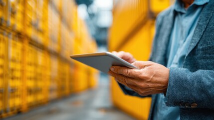 A warehouse worker stands between brightly colored shipping containers while using a tablet to analyze inventory data. The environment is organized and well-lit, indicating an efficient operation.
