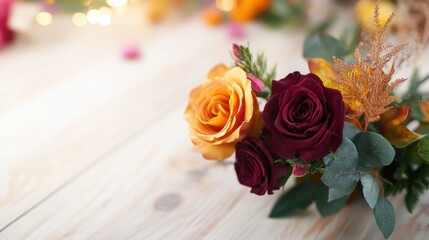 Elegant arrangement of red and yellow roses with greenery on wooden surface
