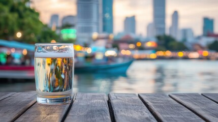 Glass of water on wooden table against city skyline during sunset