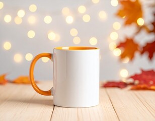 Fototapeta premium Orange handle white blank mock up mug with autumn fall wooden table background