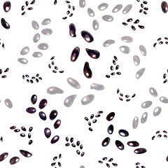 Black shiny seeds scattered in fantasy pattern isolated on white background. Watercolor seamless pattern for design of juices, cocktails, jams, drinks, food, children's goods, kitchen textiles.