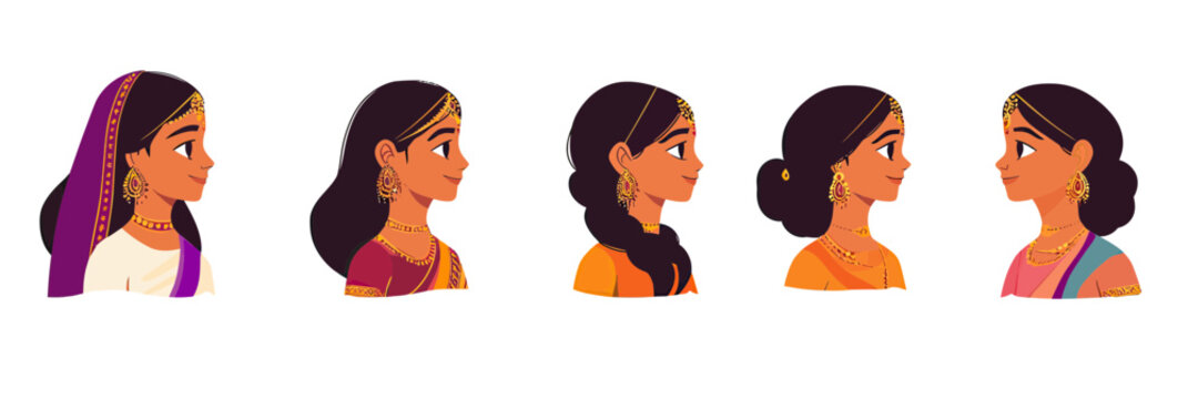 Vector set of Indian woman avatars in traditional sari dresses with diverse jewelry and hairstyles, flat minimalist cartoon portrait icons for cultural representation and design