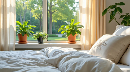 Serene Bedroom Interior with Natural Light and Green Plants on Windowsill for Relaxation