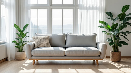 Bright Living Room with Neutral Sofa, Natural Light, and Lush Green Plants Indoors