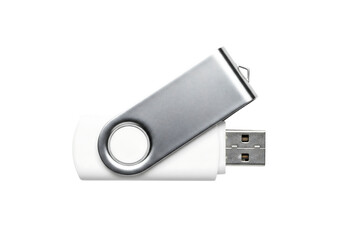 White and silver USB flash drive with swivel cover. Memory stick Isolated on transparent background, png