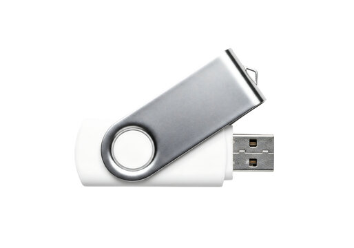 White and silver USB flash drive with swivel cover. Memory stick Isolated on transparent background, png