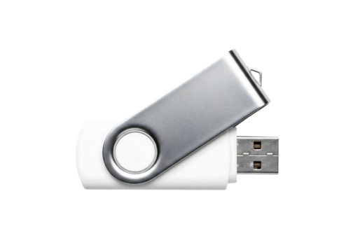 White and silver USB flash drive with swivel cover. Memory stick Isolated on transparent background, png