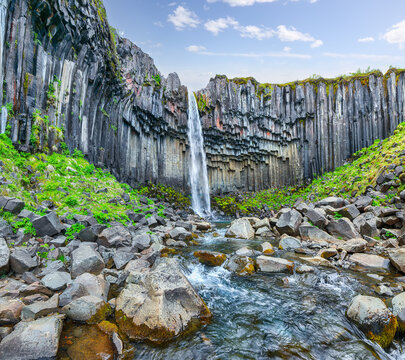 Ramarkable view of Svartifoss waterfall with basalt columns on southern part of Iceland.