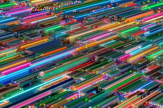 Dynamic digital abstraction featuring colorful illuminated circuitry in intricate patterns representing technological innovation creativity and the convergence of artificial intelligence with
