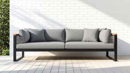 Modern Outdoor Sofa with Gray Cushions and Black Frame Against White Brick Wall