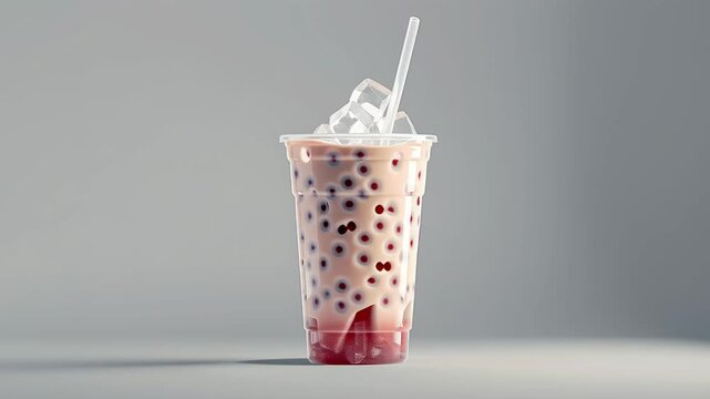A refreshing strawberry bubble tea drink with red tapioca pearls and ice cubes. Sweet dessert beverage footage.