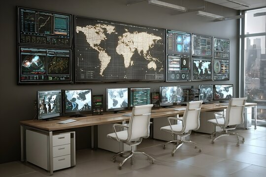 Modern network operations center with multiple computer screens displaying global data, activity, and a world map, facilitating real time monitoring and analysis