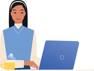 Flat-style illustration of a young woman working on a laptop at a desk. Learning or online work concept, ideal for e-learning platforms, webinars, or productivity apps. Minimalist style, warm modern 