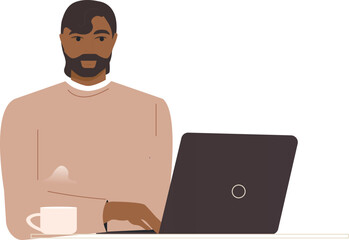 Vector flat illustration of a man sitting at a desk with a laptop, online study, digital work, or virtual communication. The minimalist and friendly style is ideal for high-end educational or business