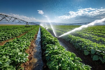 Automated center pivot irrigation system watering a potato field under a bright sun and cloudy sky, ensuring healthy crop growth and efficient water usage in modern agriculture