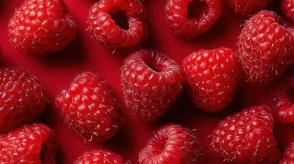 A collection of ripe, red raspberries is displayed against a bright backdrop, showcasing their plump texture and vibrant color. Perfect for desserts or fresh eating.