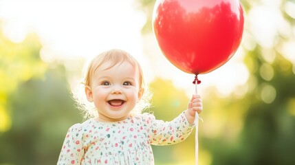 Cute baby dressed in a floral outfit smiles widely while holding a red balloon on a sunny day in the park