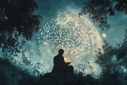 A poet reciting verses under a full moon, surrounded by nature, the words forming glowing letters in the air