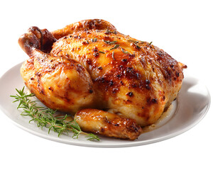 Whole roasted chicken served on white plate isolated on white background