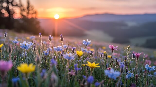 A vibrant spring landscape capturing the beauty of nature as the sun rises and sets over mountains and fields filled with pink and purple wildflowers in bloom under a blue summer sky