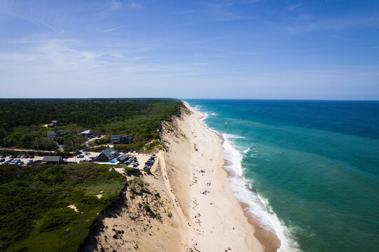 Aerial View of Dramatic Coastal Dune Cliffs and Sandy Shoreline in Wellfleet, Cape Cod 3