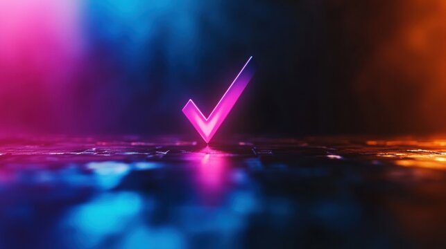 Vibrant digital checkmark glowing in colorful ambient light at night