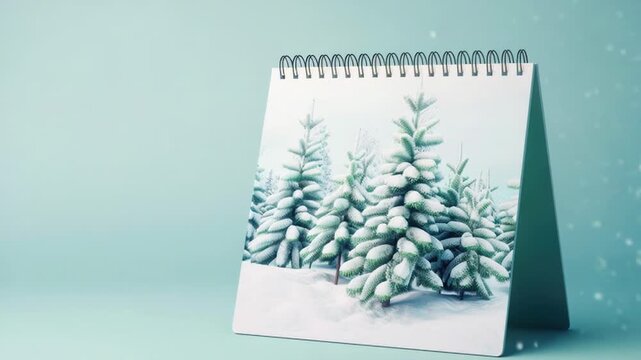 A calendar featuring snowy trees