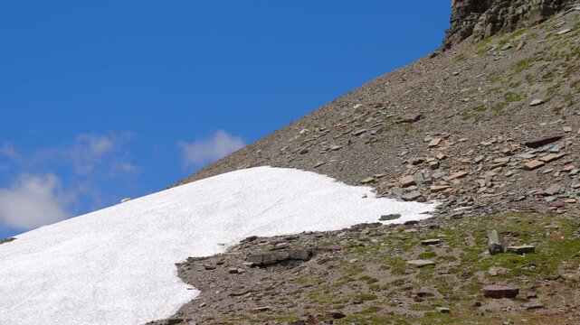 Beautiful view showcases a snow patch with mountain goats walking on a rocky mountain slope beneath a clear, bright blue sky, highlighting the breathtaking beauty of the natural world around us