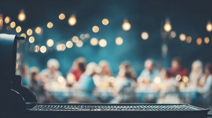 Evening barbecue gathering with friends and family under string lights