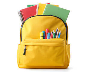A yellow backpack filled with notebooks and pencils for school supplies on a white background