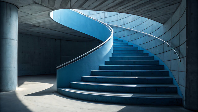 Modern blue spiral staircase with concrete architecture and natural light - Powered by Adobe