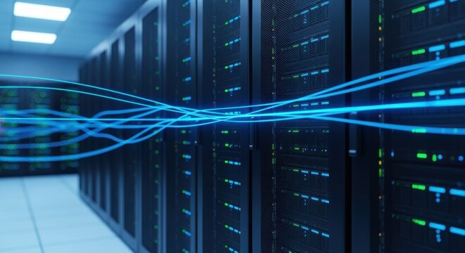 Futuristic server room showcasing sleek racks and dynamic data transmission lines.