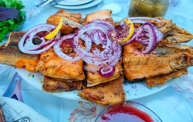 pieces of fried traut fish. High quality photo