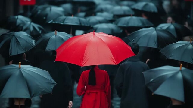 A woman in a red coat holds a bright red umbrella among a crowd of people with black umbrellas. The scene captures a rainy urban environment.