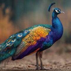 Obraz premium A vibrant peacock stands gracefully in its natural environment, showcasing its stunning multicolored feathers under the sunlight. The scene captures nature's beauty and grace.