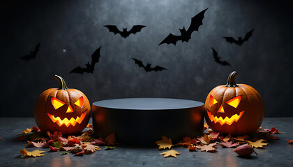 Spooky halloween jack o lanterns and bats on a dark stage with autumn leaves