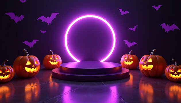 Spooky halloween pumpkins illuminated by a vibrant purple neon circle and bats