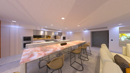 大きな窓があるリビングダイニング　3DCGレンダリング