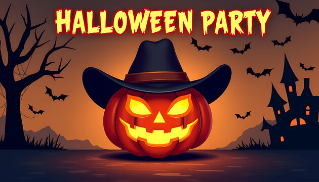 Spooky halloween party with a cowboy hat pumpkin and haunted castle
