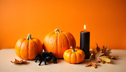Halloween decoration with pumpkins spider and black candle on orange background