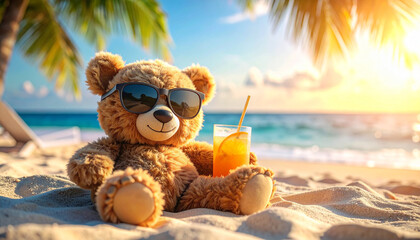 A happy teddy bear wearing sunglasses relaxes on a sandy beach with a tropical drink at sunset.