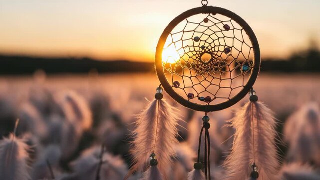 Dreamcatcher Hanging Against Golden Sunset Over Field Beautiful Landscape Silhouette Warm Lighting And Calm Atmosphere