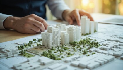 Urban planner examines sustainable city model blueprint. Focus on eco-friendly urban redevelopment project, green spaces, modern infrastructure, and community revitalization.