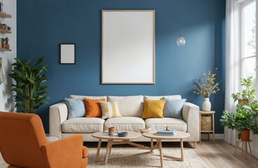 Modern living room features blue walls, cream sofa with colorful pillows, two round wood coffee tables. Orange armchair complements space, alongside potted plants, framed poster on wall. Natural
