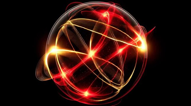 neon red and yellow ribbons of light wrapping and intersecting around a rotating orb, floating in space, loop animation