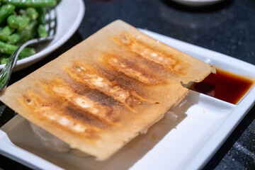 Two rectangular pan-fried dumplings with crispy golden bottoms served on a white rectangular plate