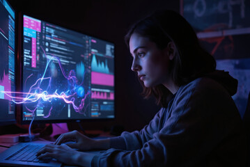 Female programmer works late in dark room, analyzing complex data visualizations with futuristic neon light effects. Types on laptop, intense focus on evolving digital interface. Represents coding,